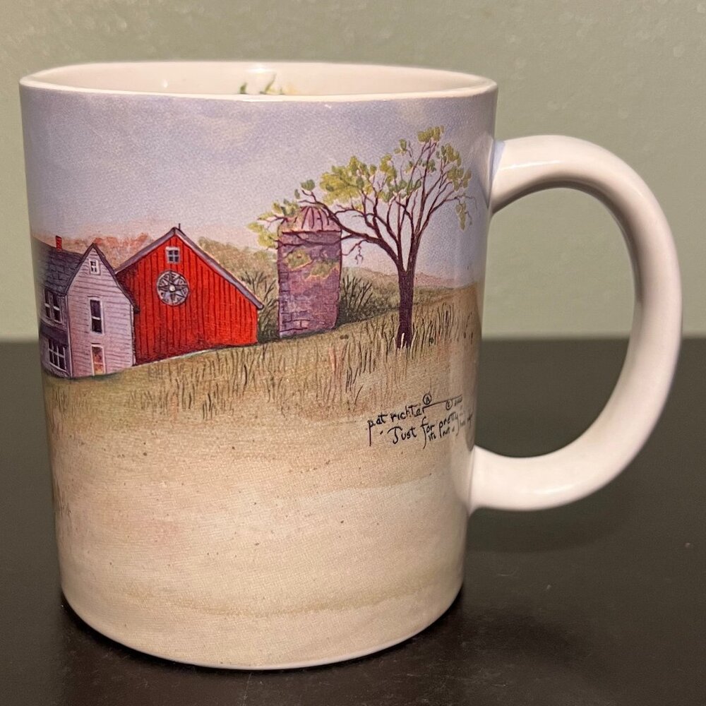“Just for Pretty" Art Mug by Pat Richter 2003 ~ Red Barn w/ Star Quilt Hex Sign